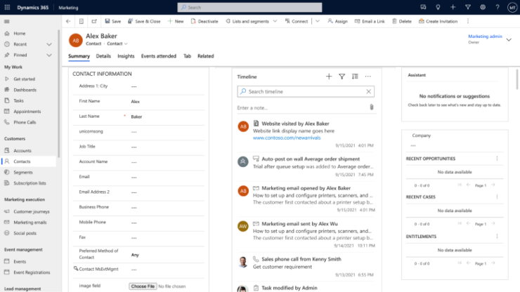 Dynamics 365 timeline with marketing emails in the timeline