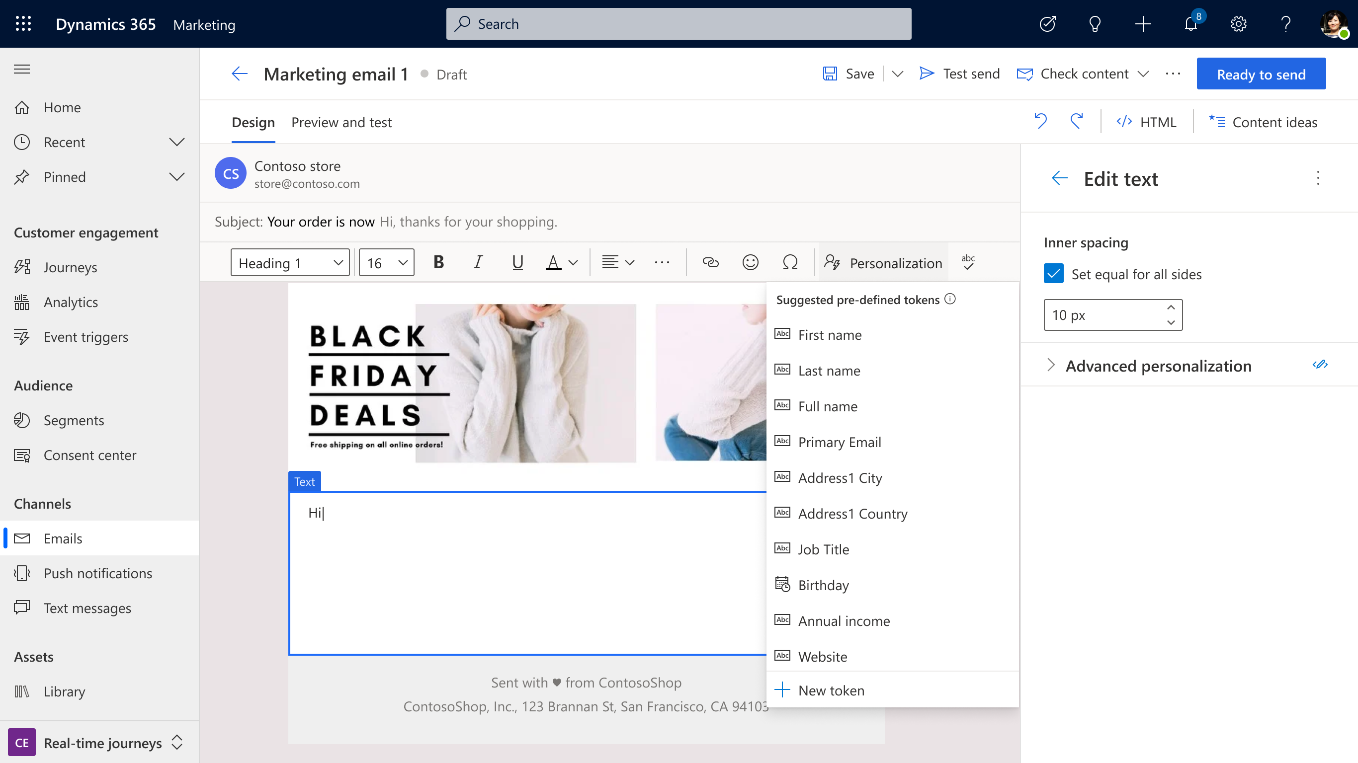 Tokens in email editor